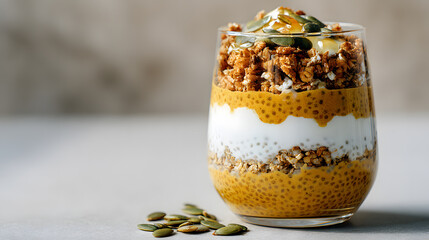 close up pumpkin chia dessert with crunchy granola