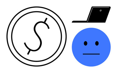 Black dollar coin, laptop, and neutral blue face symbolizing finances, technology, and emotion. Ideal for business, finance, investments emotions technology decision-making concepts. Simple flat