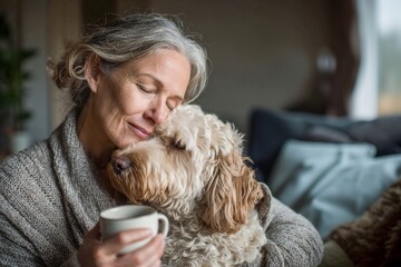 A senior woman hugging her dog with tenderness while holding a cup of coffee in a cozy home.