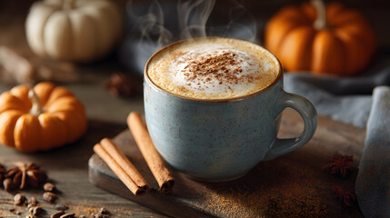 Pumpkin spice latte in ceramic cup with cinnamon and pumpkin on wooden table