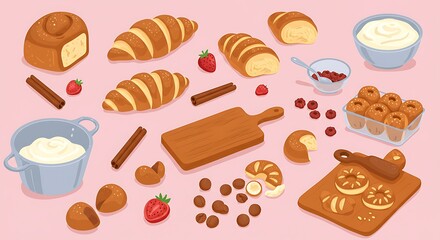 Bakery treats collection illustration with croissants cinnamon rolls and strawberries