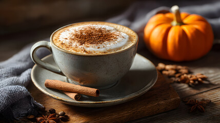 cozy pumpkin spice cappuccino with autumn decor