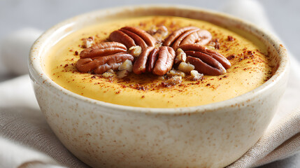 smooth pumpkin custard with pecans in ceramic bowl