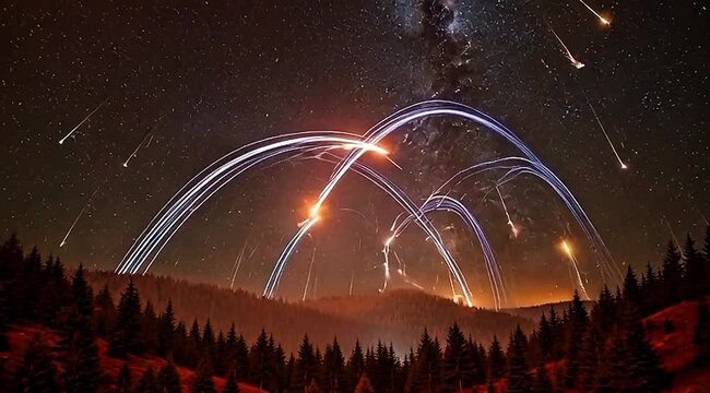 Starfall Over the Forest,A beautiful star shower falling across the night sky above the forest, trees in silhouette, calm and mesmerizing scene