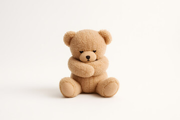 Obraz premium Lonely Teddy Bear Sitting with Arms Crossed on a White Background