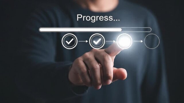 Person touching digital progress bar with completion steps and check marks representing development and achievement.