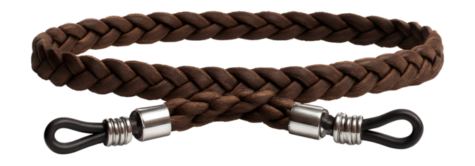 Braided leather eyewear strap with metal accents for a durable look.