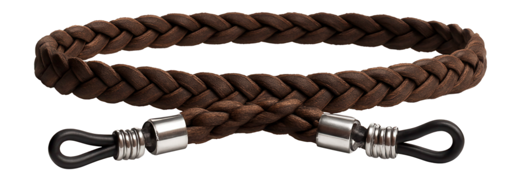 Braided leather eyewear strap with metal accents for a durable look.