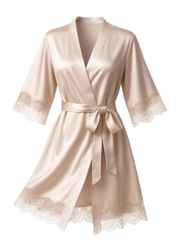 Lace-trimmed satin wrap robe with three-quarter sleeves.