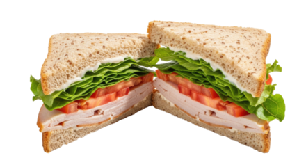 Delicious turkey sandwich with lettuce and tomato transparent background cutout png