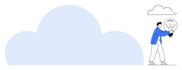 Person dressed in blue and white carries a lit light bulb beside a large blue cloud. Ideal for innovation, creativity, cloud computing, technology, problem-solving, sustainability, simple flat
