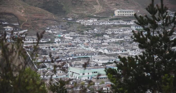 May 8, 2025 - Rason, North Korea is a suburb of the small town of Rason. Private houses of the county. View from above.