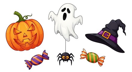 Halloween illustration with pumpkin, ghost, spider, hat, and candy