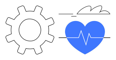 Blue heart with heartbeat line beside a gear, representing wellness, technology, progress, optimization, health monitoring, innovation, and efficiency. Ideal for healthcare tech and simple flat
