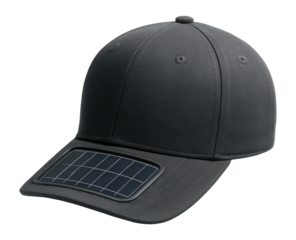 Cap featuring a solar panel on the brim for discreet energy harvesting.