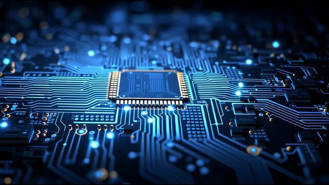 A close up shows the glowing blue intricate pathways of a circuit board. It represents the complexity of electronics, technologies, and connectivity.