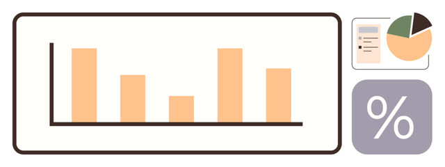 Bar graph with orange bars, pie chart, percentage sign, and report element represent data analysis, statistics, business report, finance, market trends, decision-making and progress tracking