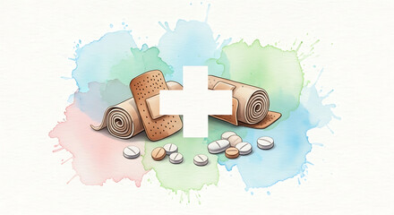 Healthcare illustration featuring bandages, pills, and medical cross on a watercolor splash. Healthcare illustration with medicine and first aid supplies conveys healing, portraying treatment,