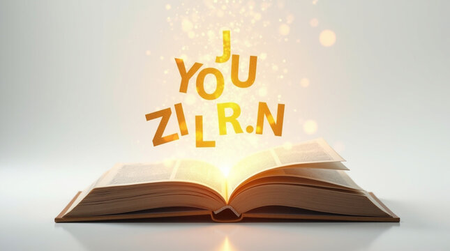 An open book with the word you zilrn floating above it, symbolizing the power of knowledge and learning, isolated on white background it represents education and selfimprovement