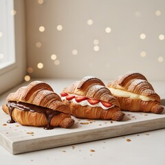 Three croissants with different fillings on a wooden board against a light background