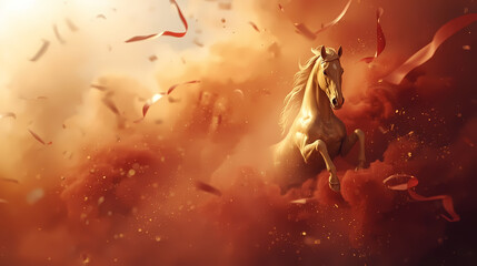 Chinese New Year banner with a golden horse leaping through clouds
