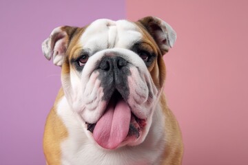 Fototapeta premium Cross-eyed bulldog with tongue on pastel background