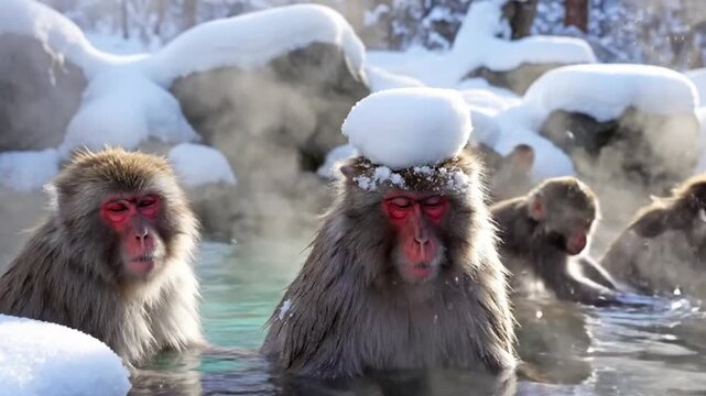 Monkeys relax in a steamy hot spring surrounded by snow and ice.