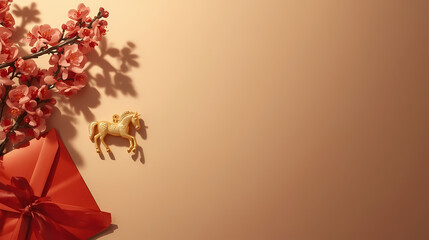 Chinese New Year banner featuring a golden horse and red envelope