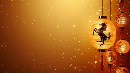 Chinese New Year lanterns with a horse design against a golden background