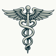 Symbolic medical symbol, Caduceus on plain background. Classic medical symbol with rod and snakes depicted in silver tone. Conceptual medical symbol art is ideal for phytotheme applications.