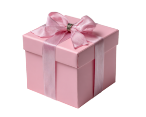 Beautiful pink gift box with satin ribbon and bow. An elegant isolated present for holiday or birthday celebration, lovely surprise conveying joy and affection