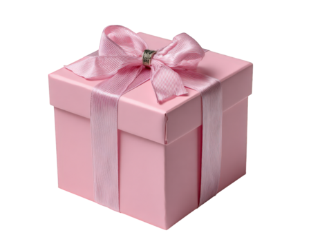 Beautiful pink gift box with satin ribbon and bow. An elegant isolated present for holiday or birthday celebration, lovely surprise conveying joy and affection - Powered by Adobe