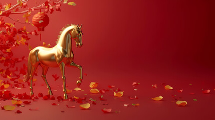 Golden horse statue with Chinese New Year decorations on a red background