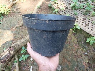 Black plastic flower pot used for planting.