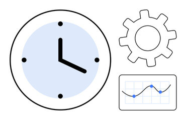 Clock emphasizes time, gear suggests process, graph highlights analysis. Ideal for productivity, scheduling, planning, teamwork, optimization efficiency performance. Simple flat metaphor
