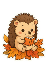 Fototapeta premium Cute hedgehog reading a book on autumn leaves sticker with transparent background