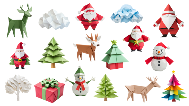 Whimsical origami paper creations, from reindeer to snowmen, build a joyful, handmade atmosphere, ideal for illustrating childlike wonder, gifts, or winter celebrations.
