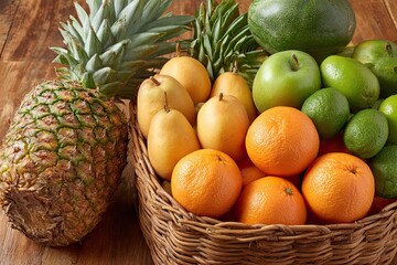 Assorted fruits overflowing wicker basket, wooden tabletop background