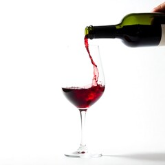 pouring red wine from a dark green bottle into a stemmed glass against a clean white background