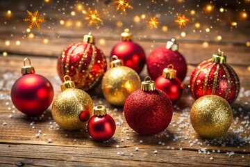 Festive collection of red and gold christmas ornaments scattered on a rustic wooden surface with blurred bokeh lights