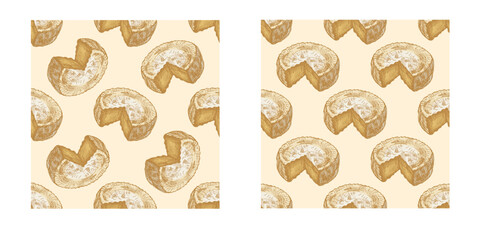 Fototapeta premium Hand drawn vintage seamless pattern of round cheese wheel in two color versions isolated dairy food vector illustration
