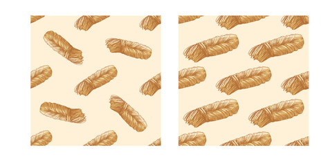 Hand drawn vintage seamless pattern of braided cheese string in two color versions isolated dairy food vector illustration