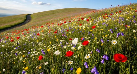 Vibrant wildflower meadow on a rolling hillside under a blue sky