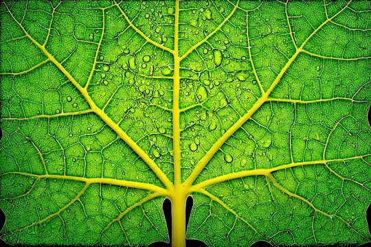 Vibrant green leaf with yellow veins and water droplets, detailed - Powered by Adobe