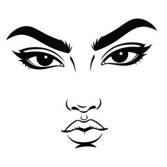 A stylized black and white illustration of a face with bold eyebrows and pursed lips silhouette