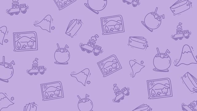 Seamless Travel and Vacation Doodle Pattern on Pastel Purple Background