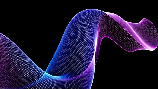 Wavy mesh structure morphs and illuminates. The colors gradually transition from blue to purple as the glowing entity moves across a black background.