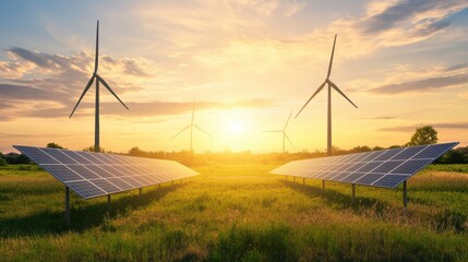Hybrid renewable energy landscape with wind turbines and solar panels under sunrise light.