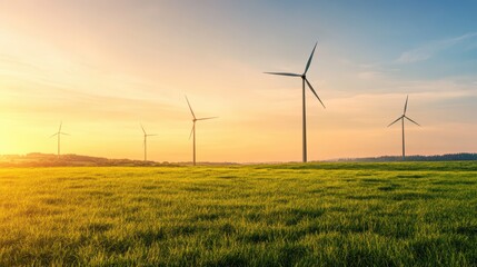 Wind turbines on green field under sunset sky generating clean renewable energy.