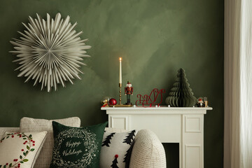 Stylish holiday interior with candles, nutcracker, and modern Christmas decorations on a white...